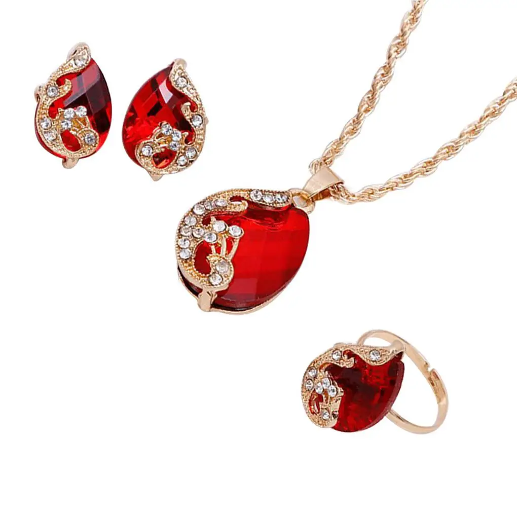 Vintage Rhinestone Necklace Earrings Ring Jewelry Sets Crystal Water Drop  Pendant, Red