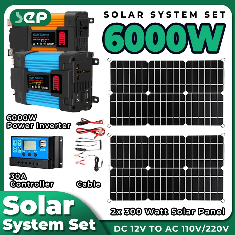 

2*300W solar kit complete panel 6000w 220v Inverter Portable Outdoor Power Solar System Kit solar30A Controller Car Camping RV