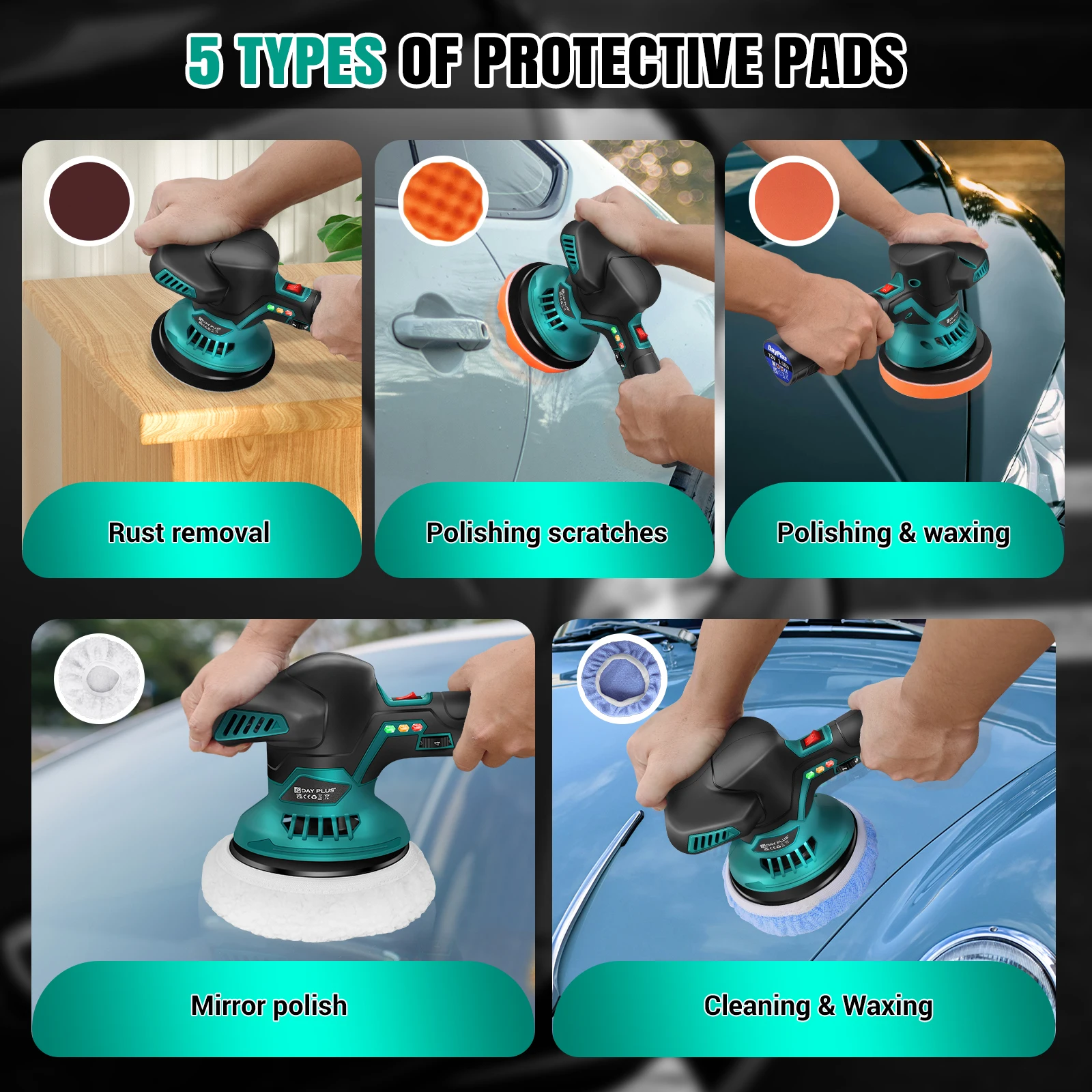BRIEFNESS Cordless 12V Car Polisher Dual Action Wireless Car Polishing Machine Electric Polish Machines 6-Speed Power Tools
