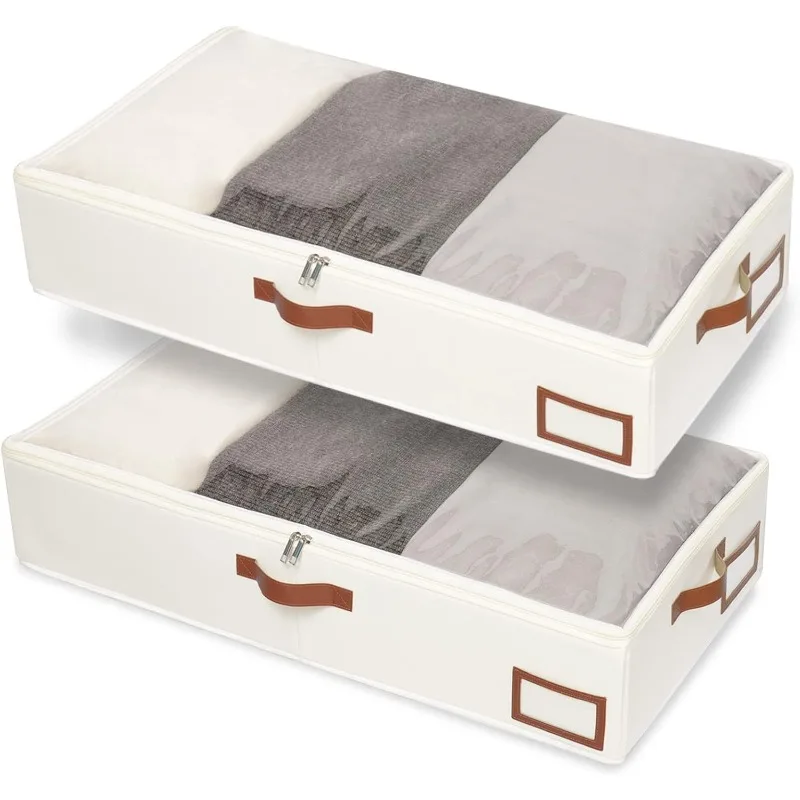 

Under Bed Storage Containers, 2 Pack, Bin with Lids, Collapsible Closet Organizers, with Sorting Card Slot and 4 Leather Handles