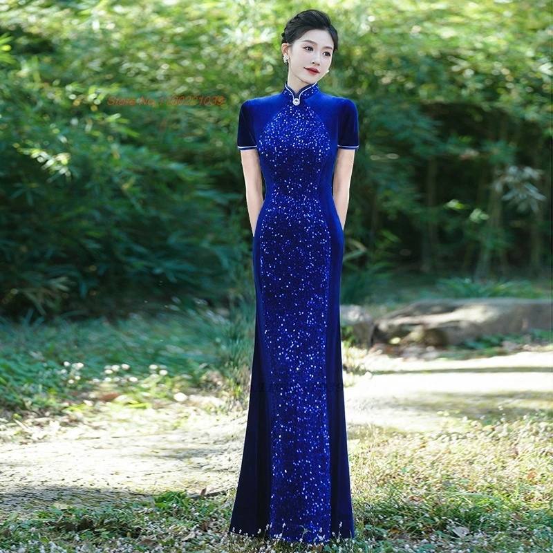 

2025 chinese improved cheongsam vintage dress traditional sequin patchwork velvet qipao oriental banquet evening dress qipao