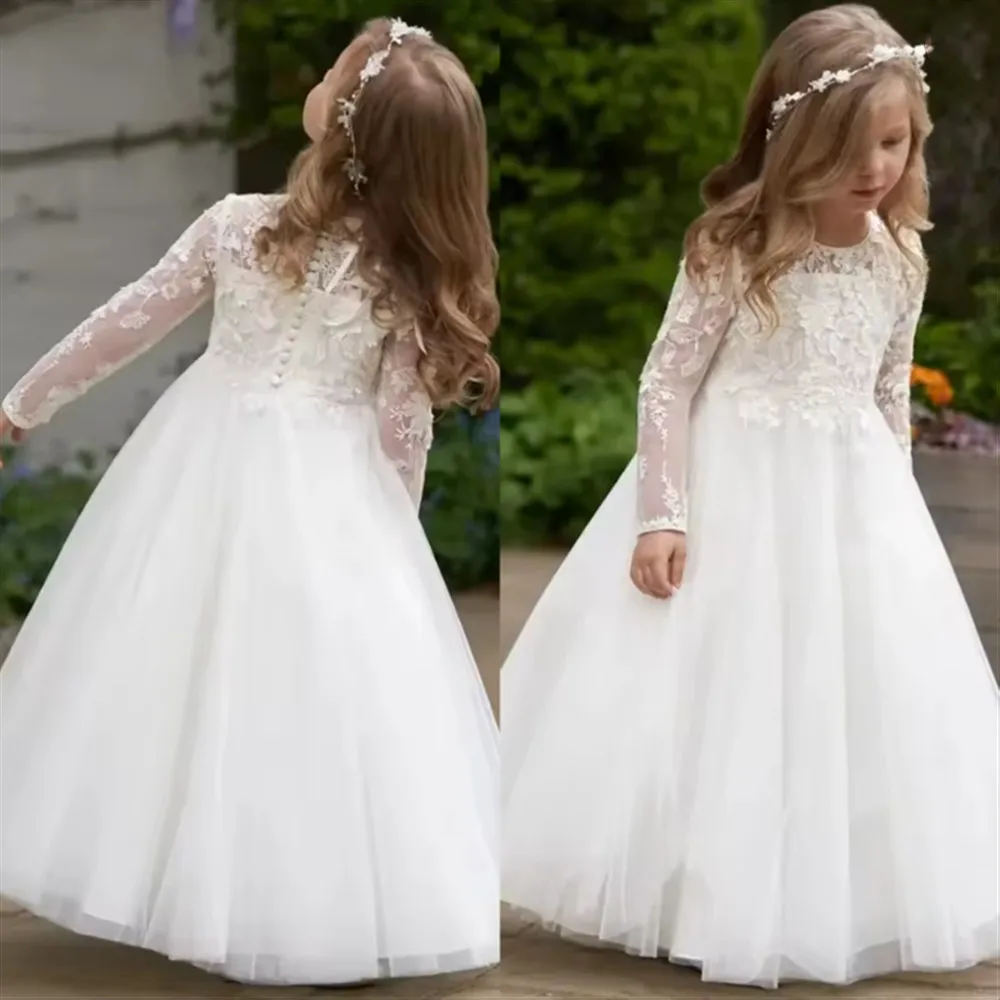 

Elegant White Flower Girl Wedding Dress Lace Appliques Full Sleeves Girl Birthday Party Gown First Communion Dress Customized