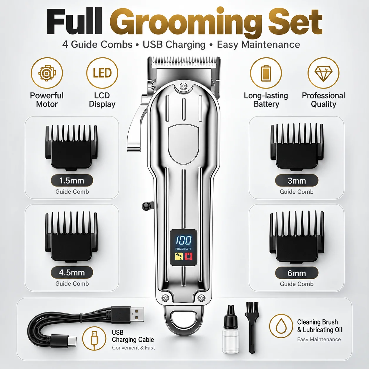 Professional Cordless Hair Clipper for Men All Metal Barber Trimmer LCD Display USB Rechargeable High Power Hair Cutting Machine gallery 3