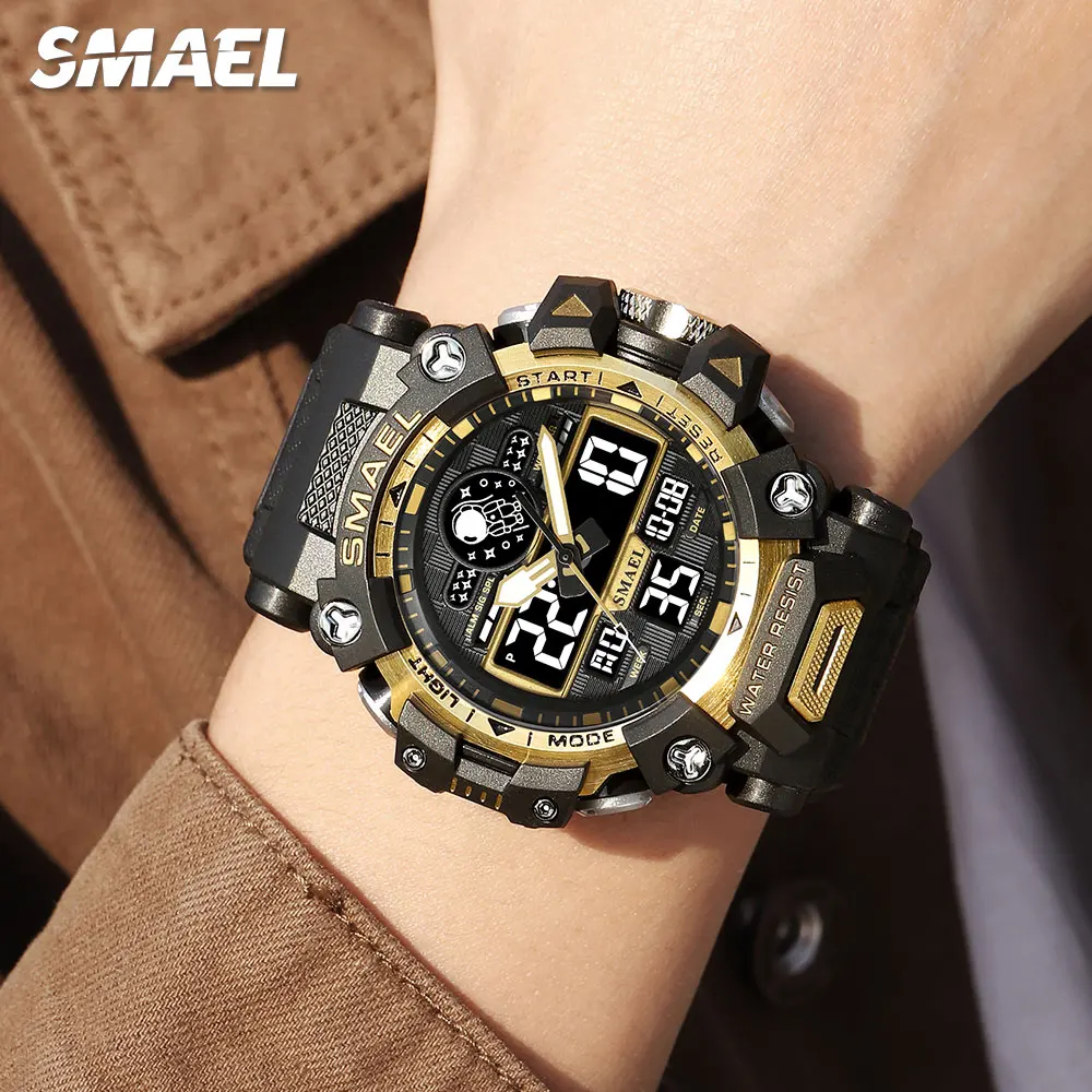 SMAEL Black Gold Sport Digital Watch Men Chronograph Quartz Waterproof Electronic Wristwatch with Dual Time Display Date 8078