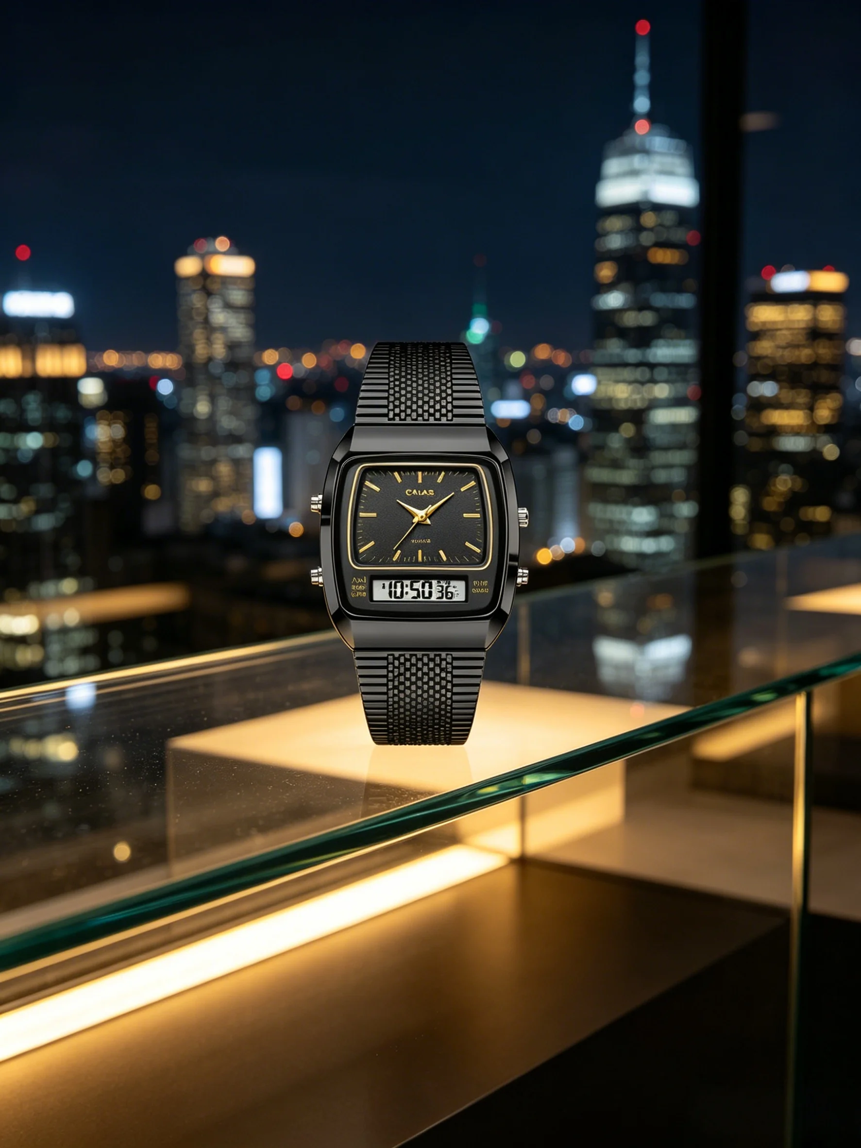 

Classic square-faced dual-display stainless steel bracelet watch—a timeless style for couples, water-resistant, with an alarm