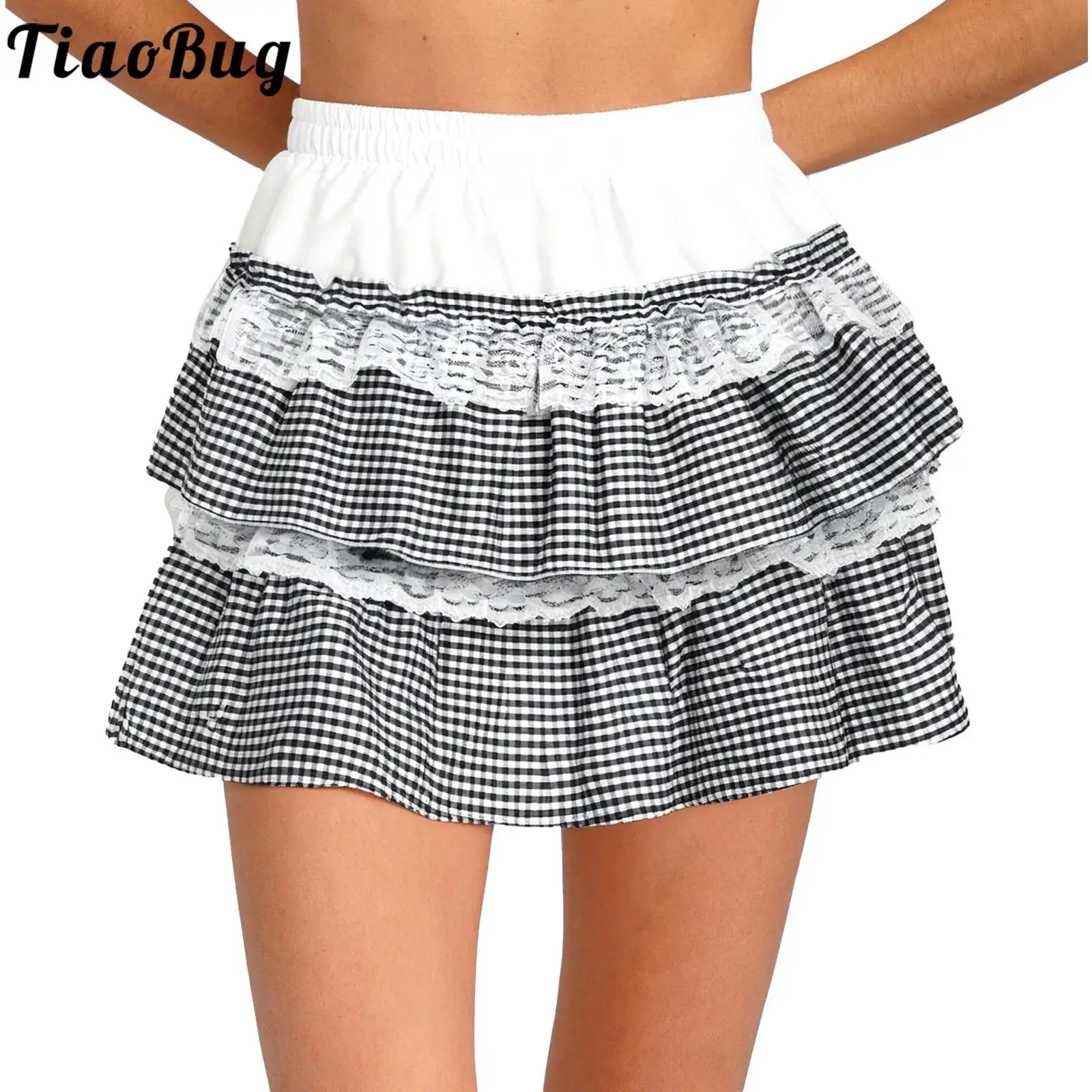 

Women Ruffled Lace Plaid Tiered Skirts Daily Elastic Waist Color Block Mini Skirt with Safety Shorts for Causal Vacation Travel