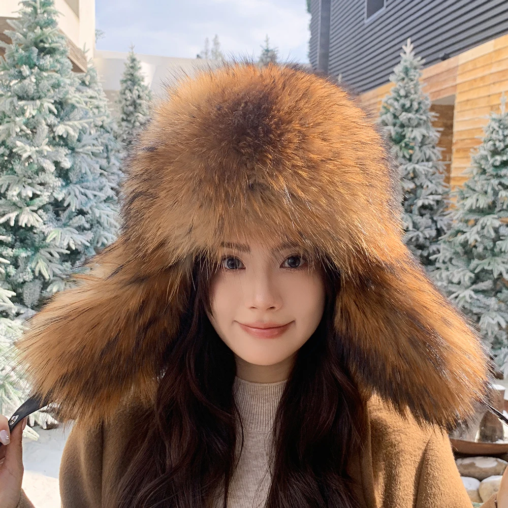 Unisex 2025 Cap 100% Raccoon Full Fur Fox Hat Winter Thickened Warm Russian Style Ear Protection Hats For Men And Women Beancap