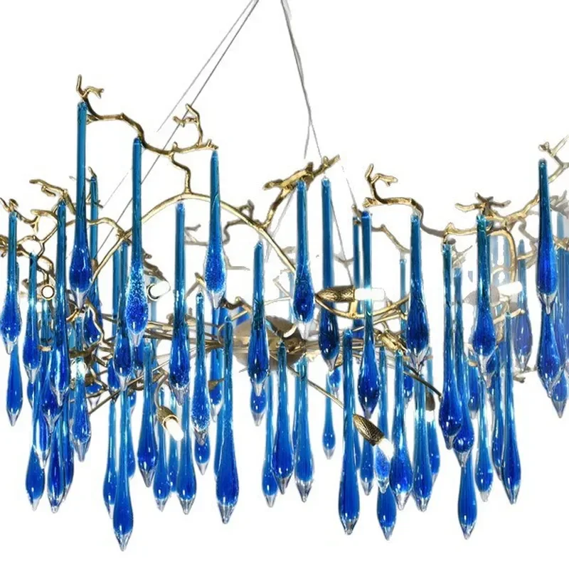 Solid Brass Chandelier with Blue Crystal for Living Room Bedroom Dining Villa Modern Luxury Ceiling Light Fixture