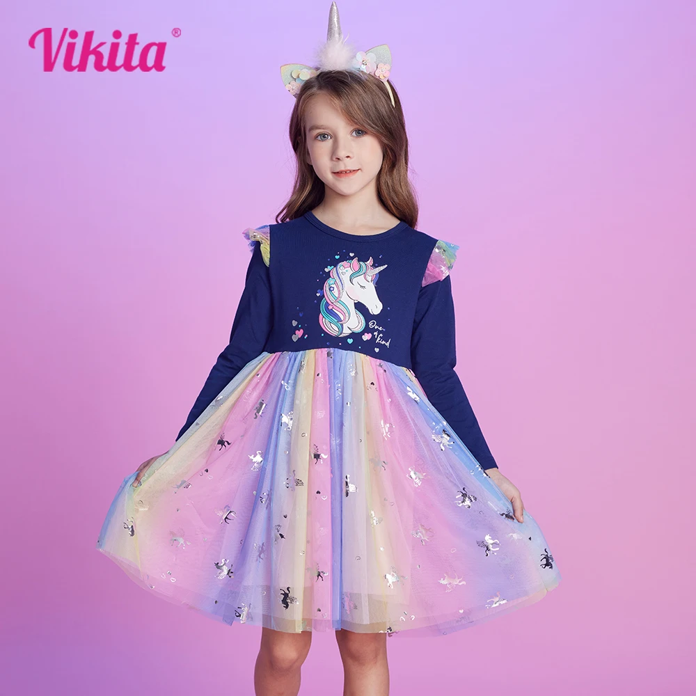 VIKITA Girls Licorne Print Cartoon Dress Kids Flare Sleeve Autumn Spring Dress Toddlers Colorful Performance Princess Vestido