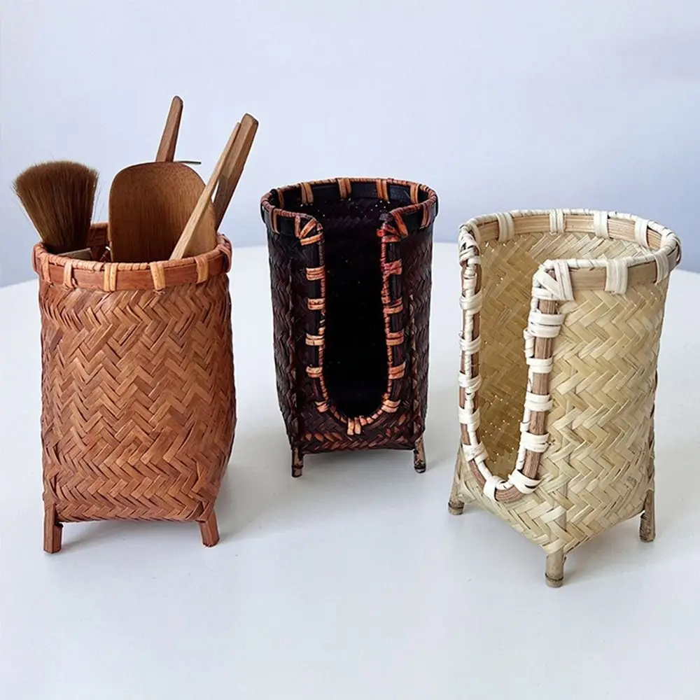 Convenient Bamboo Woven Cup Holder Rack Retro Handmade Storage Basket Multipurpose Paper Cup Dispenser Tea Ceremony