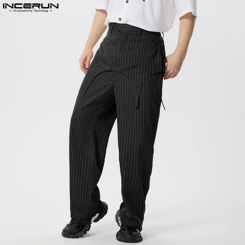 

INCERUN 2024 Korean Style Trousers Men's Fashion Fake Two-piece Striped Straight Leg Pant Casual Streetwear Male Pantalons S-5XL