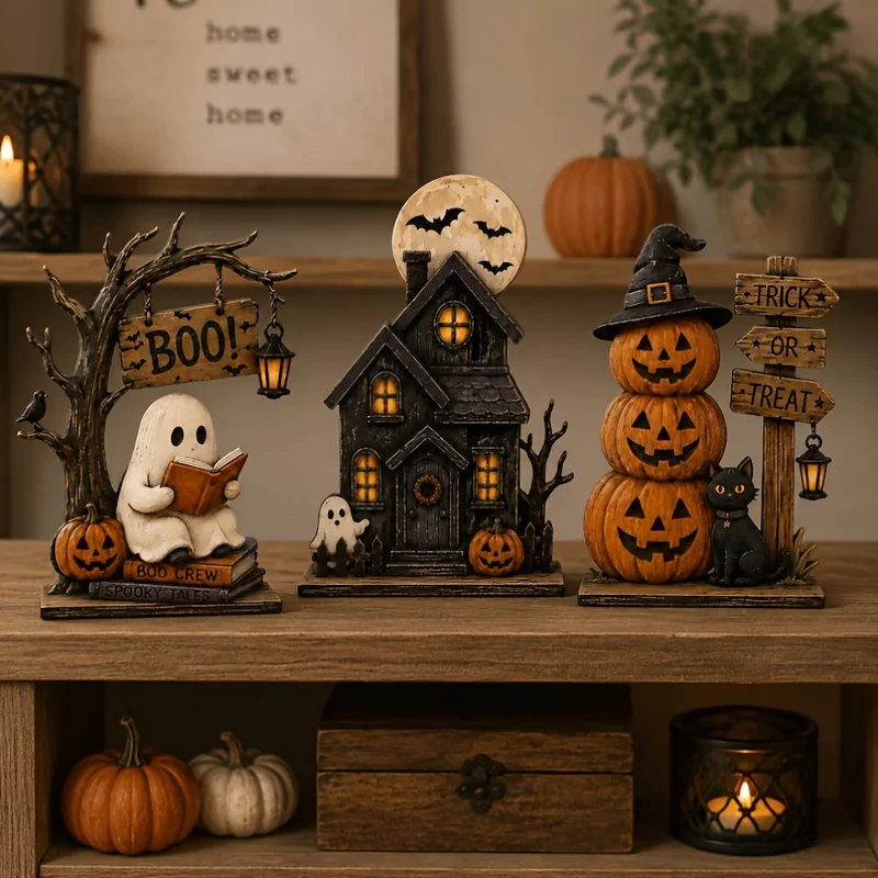 3PCS Halloween Spooky Decor Statue Set Haunted House Ghost Pumpkin Black Cat Fall Home Mantel Table Ornament Halloween Present