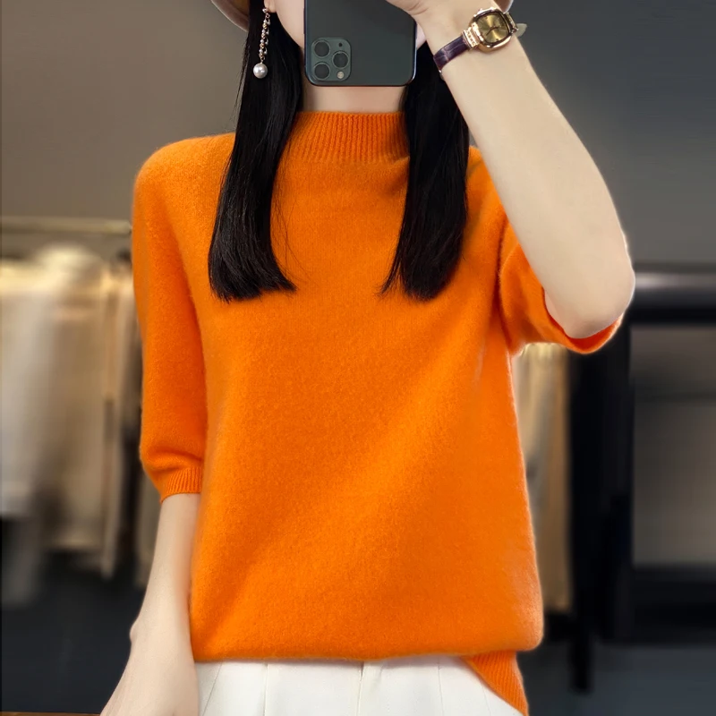 First-line sweater 100% wanita, sweater murni leher semi-turtle lengan pendek longgar untuk perempuan