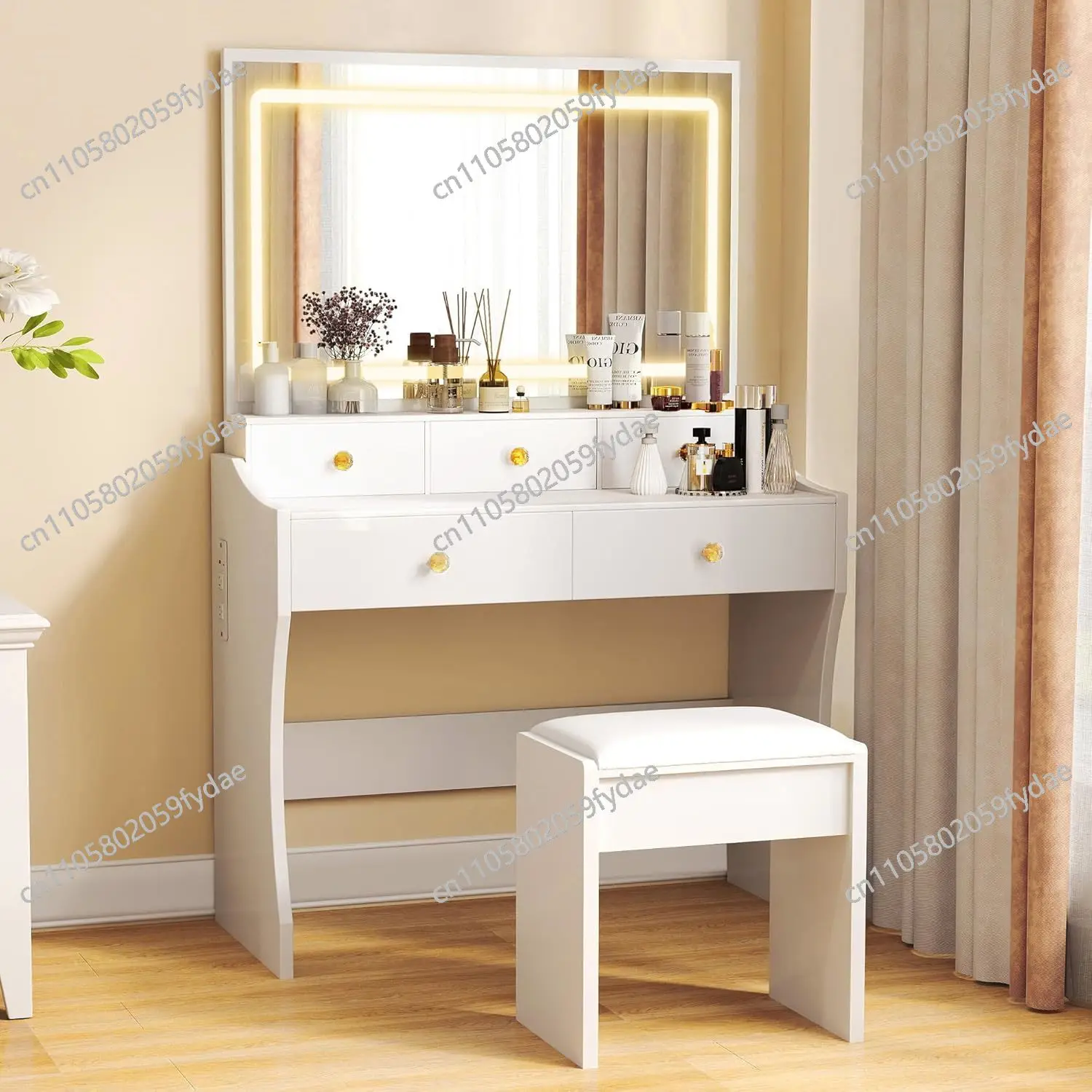 new-Luxury Makeup Vanity Desk with Illuminated Mirror and Lighting, Complete Vanity Set with 5 Drawers and USB Charging Station