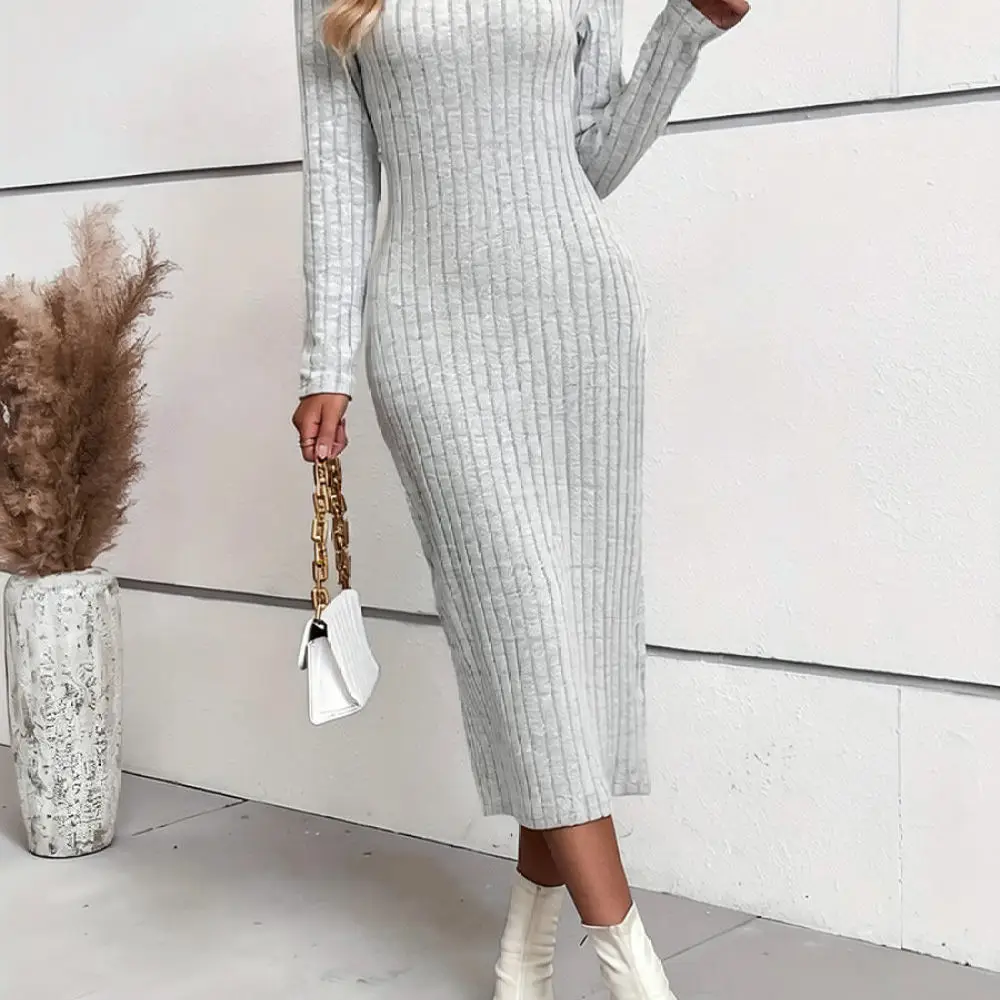 Casual Long Sleeve Knitted Pencil Dress Women Slim Fit Bodycon Maxi Dresses Elegant Office Party Soft Stretch Outfit