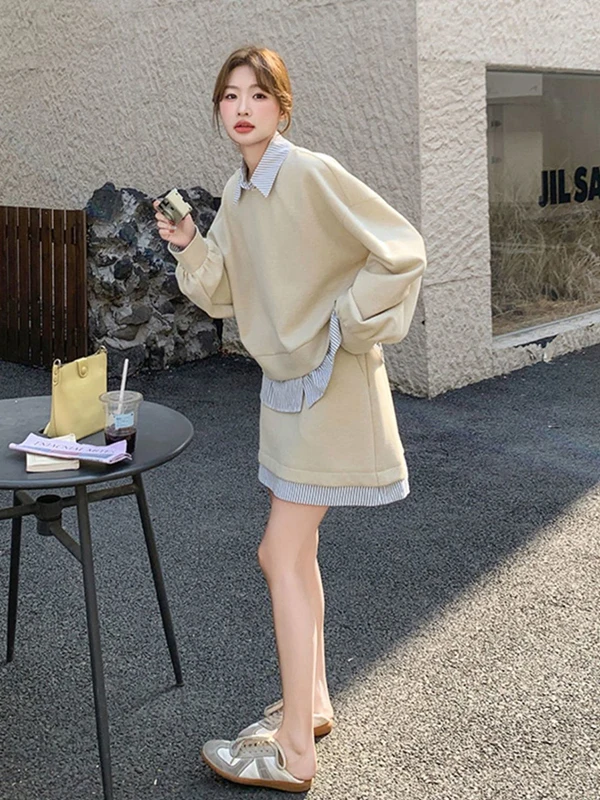 

plus Size 300 Pou Women's Korean Sle College Windbreaker Hoodie And High Waist Skirt Two Piece Set Autumn Faion