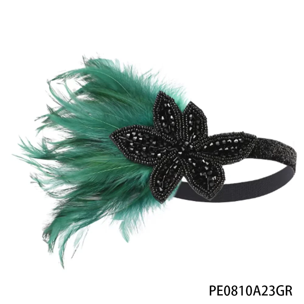 PESENAR Diadema navideña negra con adorno de plumas verdes y cristales