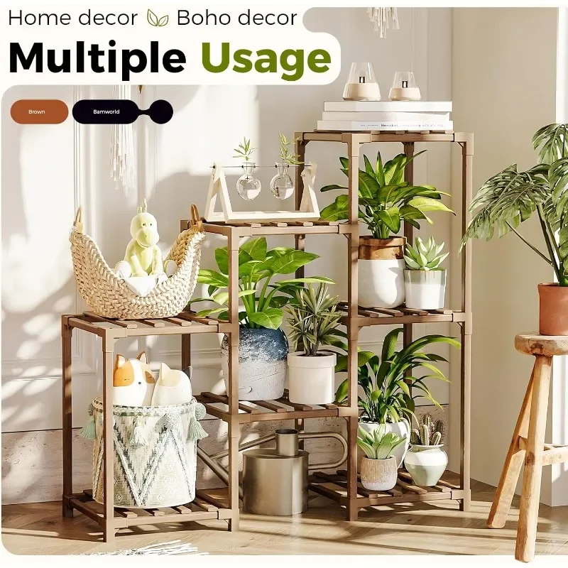 Rectangle Plant Shelf 7 Tier and 3 Rows Potted Eucalyptus Wood Holder Flower Pot Outdoor Stand Display Storage Rack for Garden