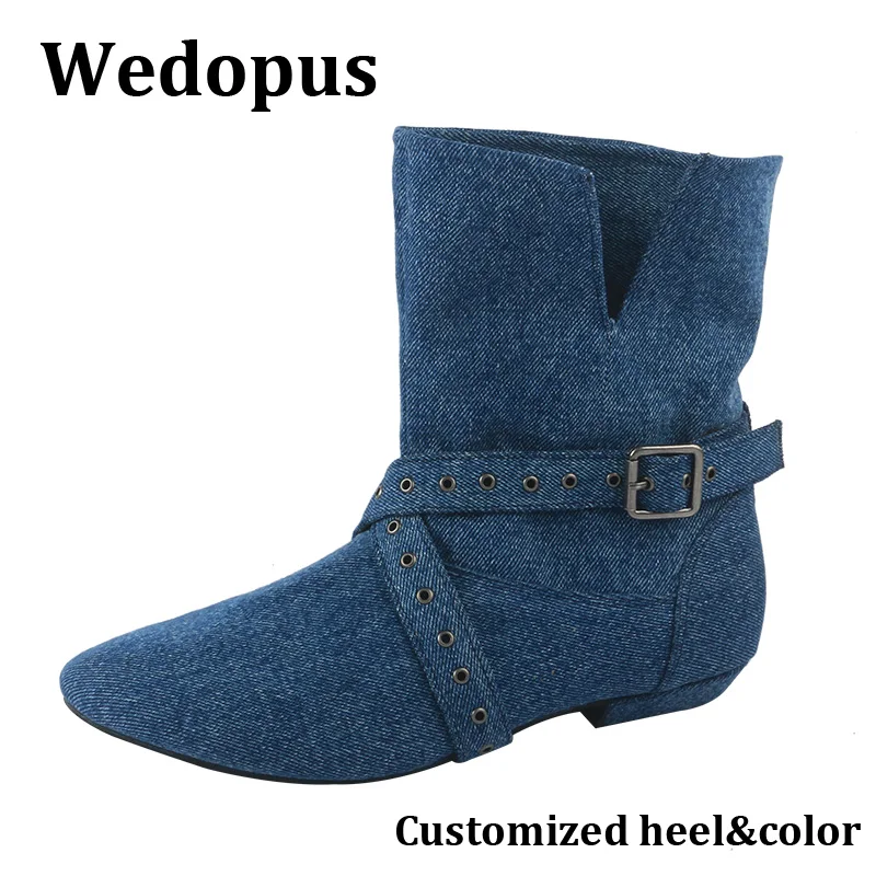 

Wedopus Индивидуальные джинсовые ботинки для танцев с синей линией для женщин, замшевые ботильоны на низком каблуке с мягкой подошвой, короткие танцевальные ботильоны для дома 1,5 см