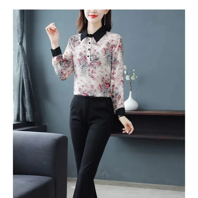 Spring Autumn Office Lady Plant&Flowers Printing Turn-down Collar Button Chiffon Lantern Long Sleeve Pullover Women\'s Shirt Tops