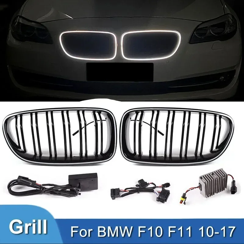 LED Grille Car Gloss Black Kidney Grill Dual Slats Racing Grill For BMW 5 Series F10 F11 F18 520d 530d 540i 10-17 Replacement