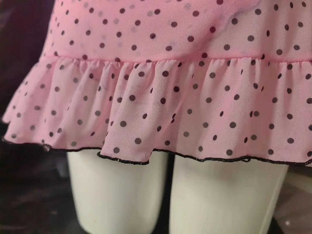 Sexy Women Pink Deep V Polka Dot Stretch Mesh Spaghetti Strap Nightgown Panties Two Piece Sleepwear Lingerie Set 2pcs view 6