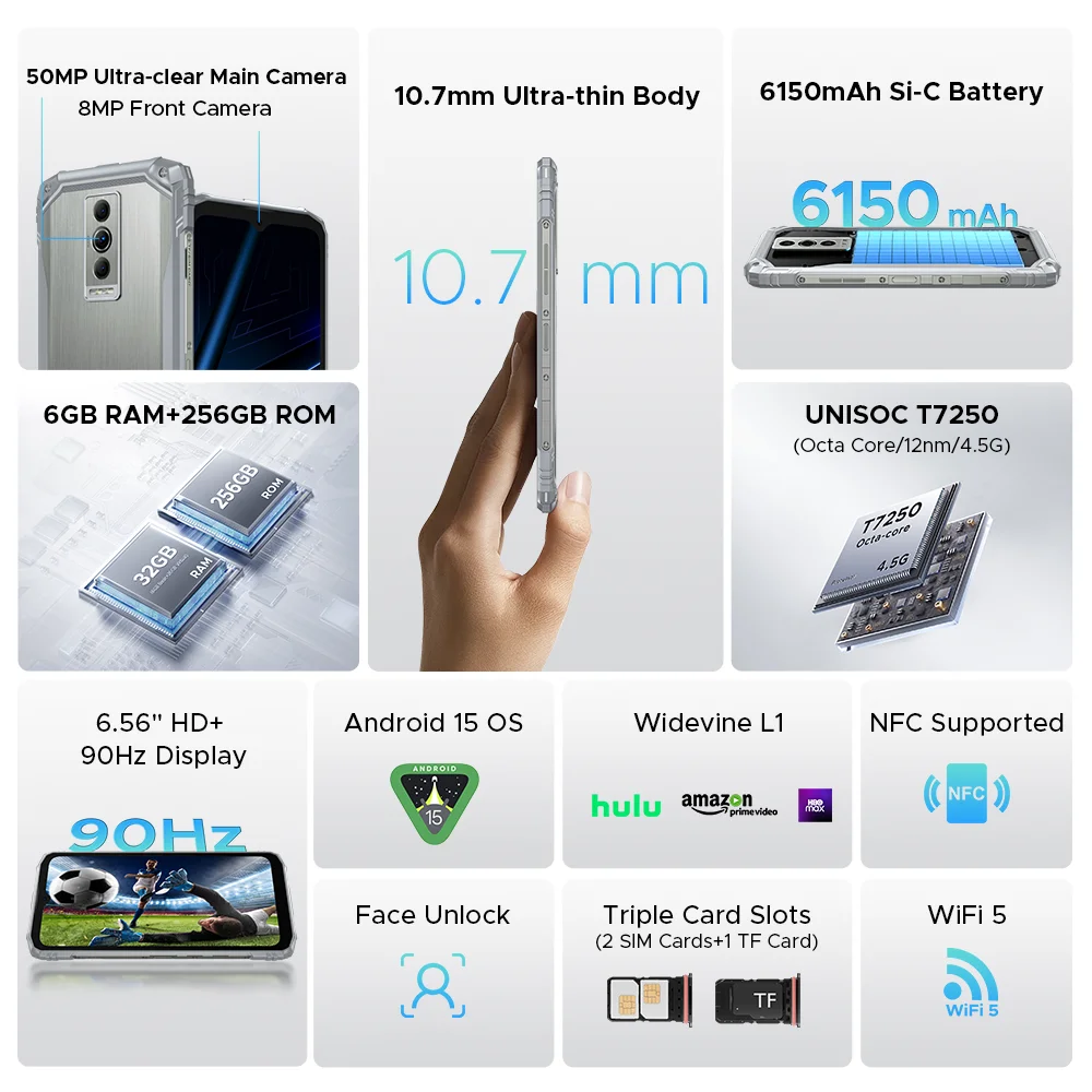 الإصدار العالمي DOOGEE Blade10 Pro هاتف متين للطاقة 6 جيجابايت 256 جيجابايت 6.56 بوصة HD + شاشة 6150 مللي أمبير بطارية 50 ميجابكسل AI كاميرا أندرويد 15 NFC