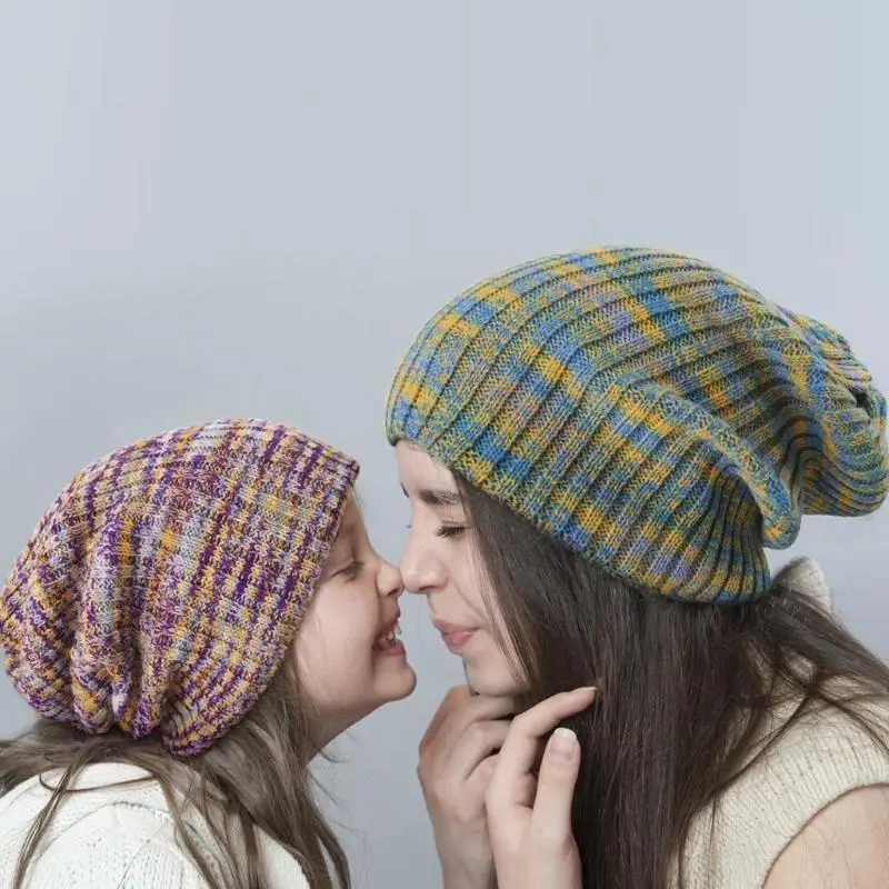 

652F Simple Double-layer Knit Hat Mixed Color Striped Wool Hat Beanie Hat Earprotect Winter for Family Gatherings