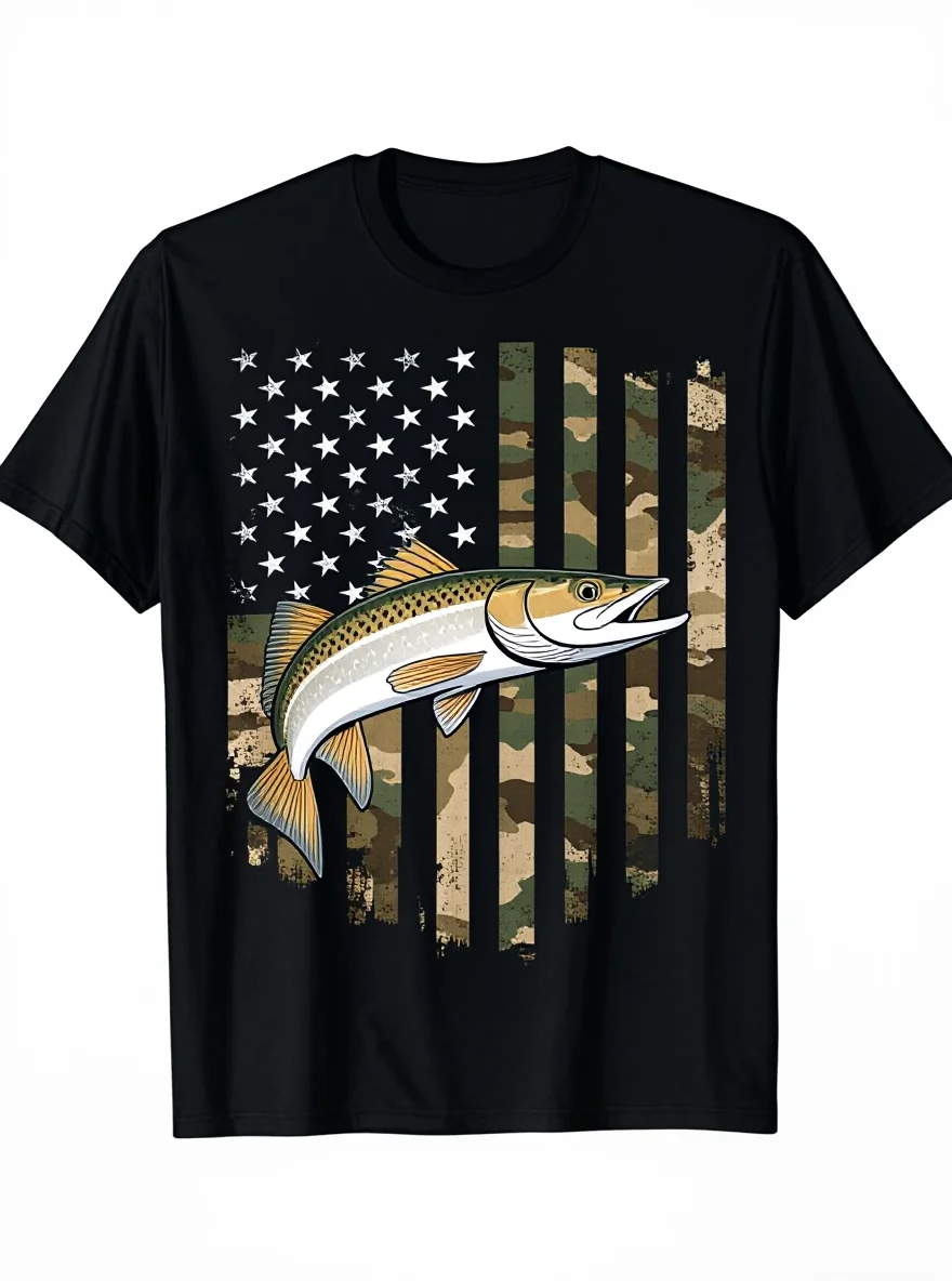 

4th Of July T-Shirt - Camo American Flag Snook Fishing Print 100% Cotton Tee