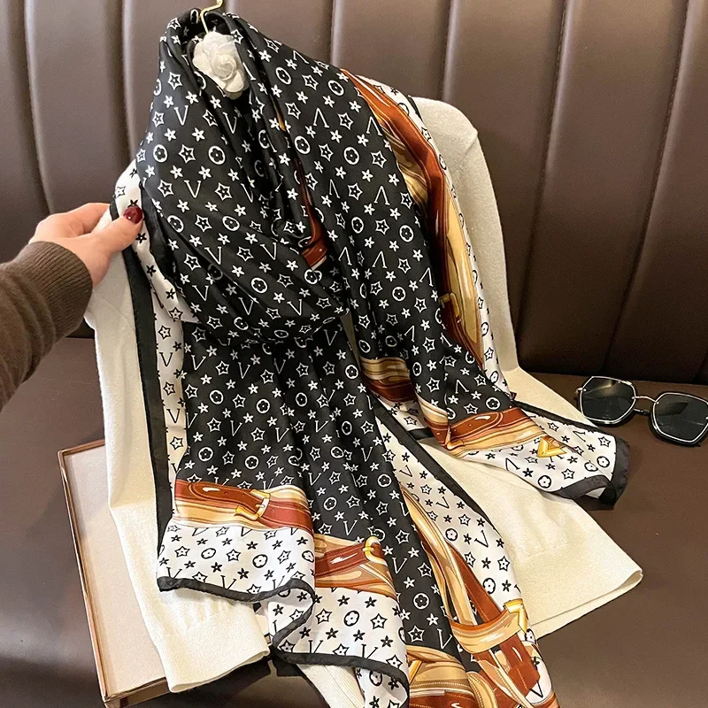 

180X86CM New Popular Print Bandannas Silk Scarves Four Seasons Satin Beach Sun protection Towel Fashion Flower Long Shawls