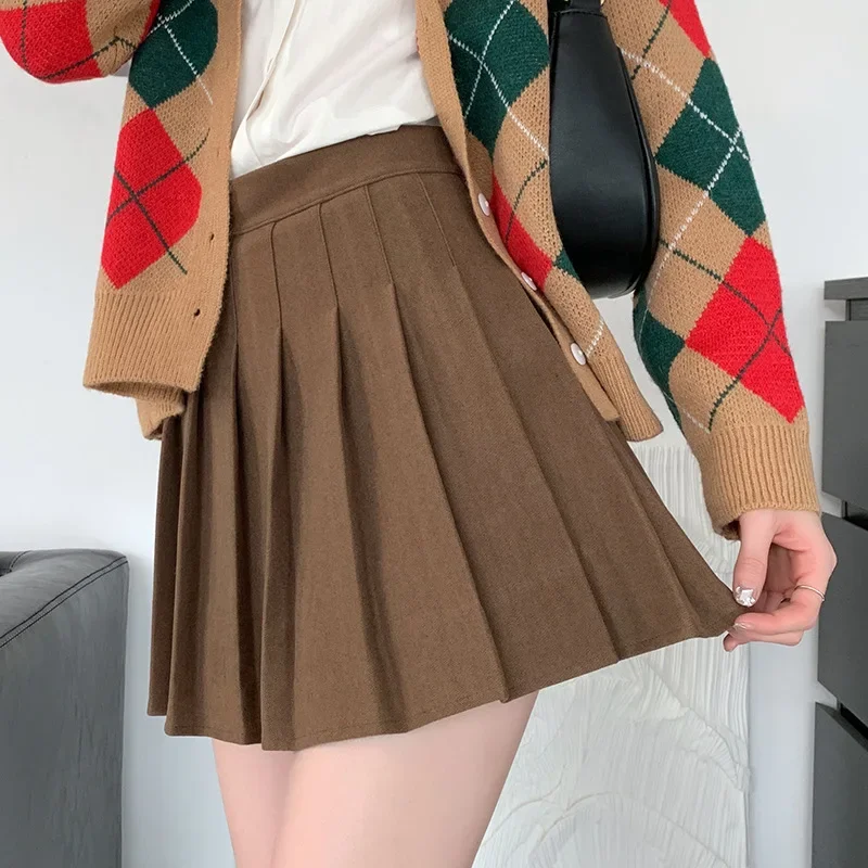 Brown High Waist Pleated Skirts for Women A-Line Mini Tennis Skirt with Lining Shorts Ladies Spring Summer Casual Basic Skirts