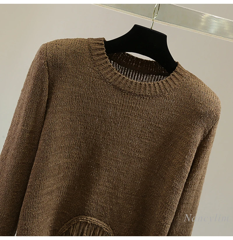 Fringed Long-sleeved Crew Neck Knitted Sweater Women 2024 Autumn High-waisted Short Irregular Pullovers Coffee Color Top