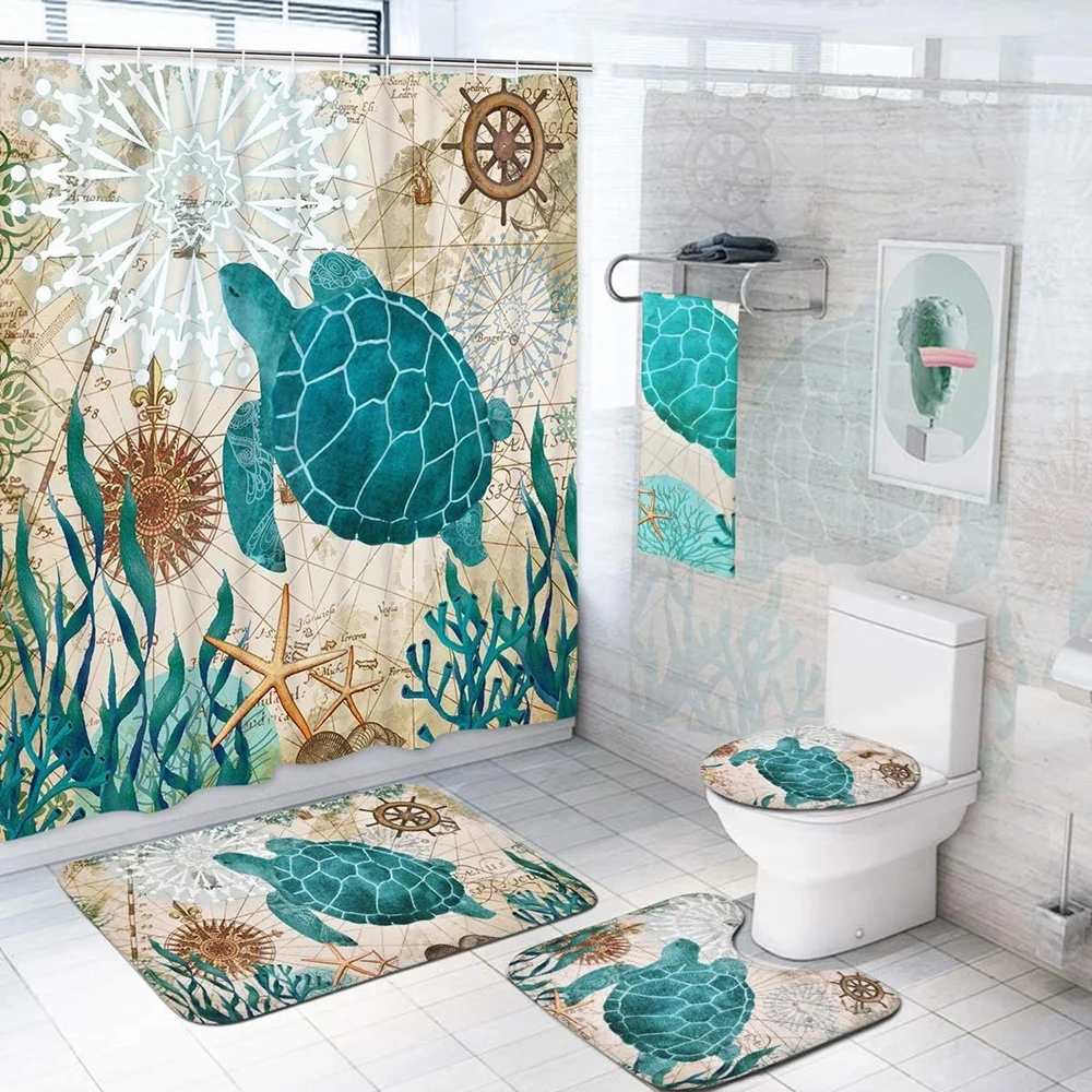 Sea Turtle Shower Curtain Sets Waterproof Nautical Ocean Vintage Animal Bathroom Bathtub Curtains Bath Mats Rug Toilet Lid Cover