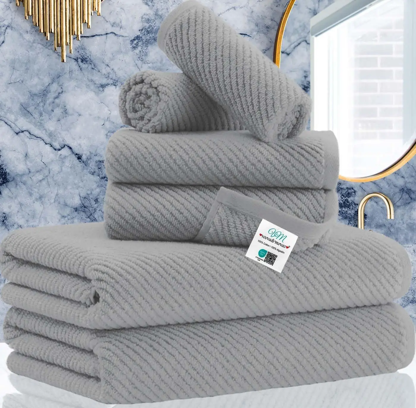 

6-Piece Quick-Dry Cotton Towel Set - 2 Bath 30x56, 2 Hand, 2 Washcloth - Soft & Absorbent, Gray