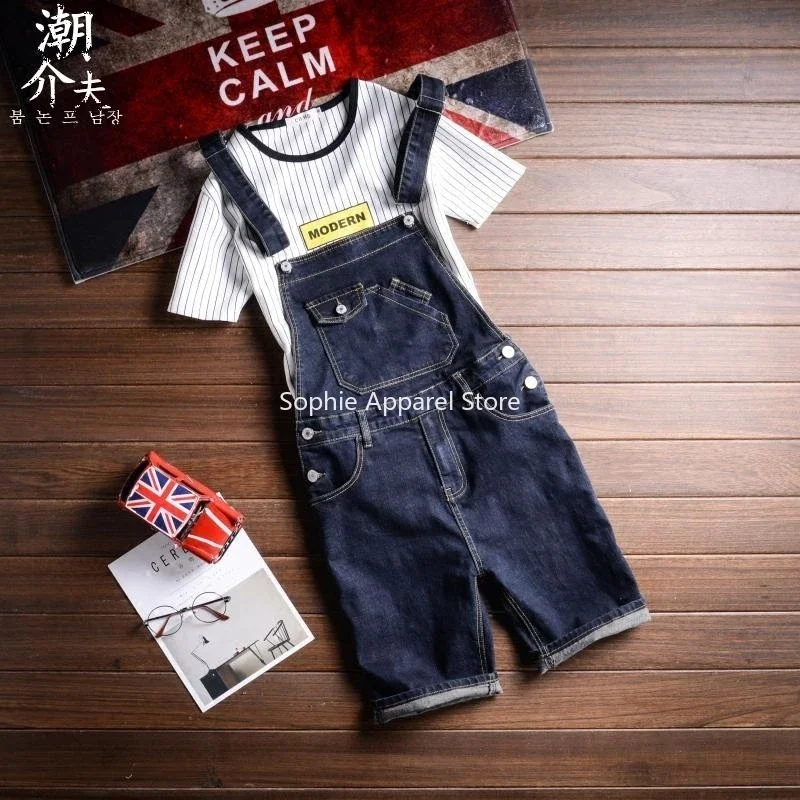 Summer Jeans Men Bib Overalls Pants Women Denim Jean Shorts Skinny Couple Kpop Clothes Street Wear