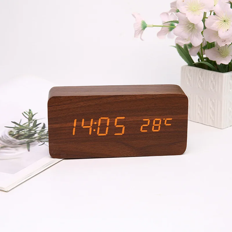 MDF Wooden Alarm Clock with Light Emitting Diode Charging Digital Display and Student Stylish Decor Features