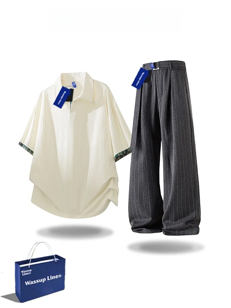 wassup-line-men's-summer-fashion-set-with-collar-short-sleeve-wide-leg-pants-draping-feel-two-piece-suit-casual-sportswear