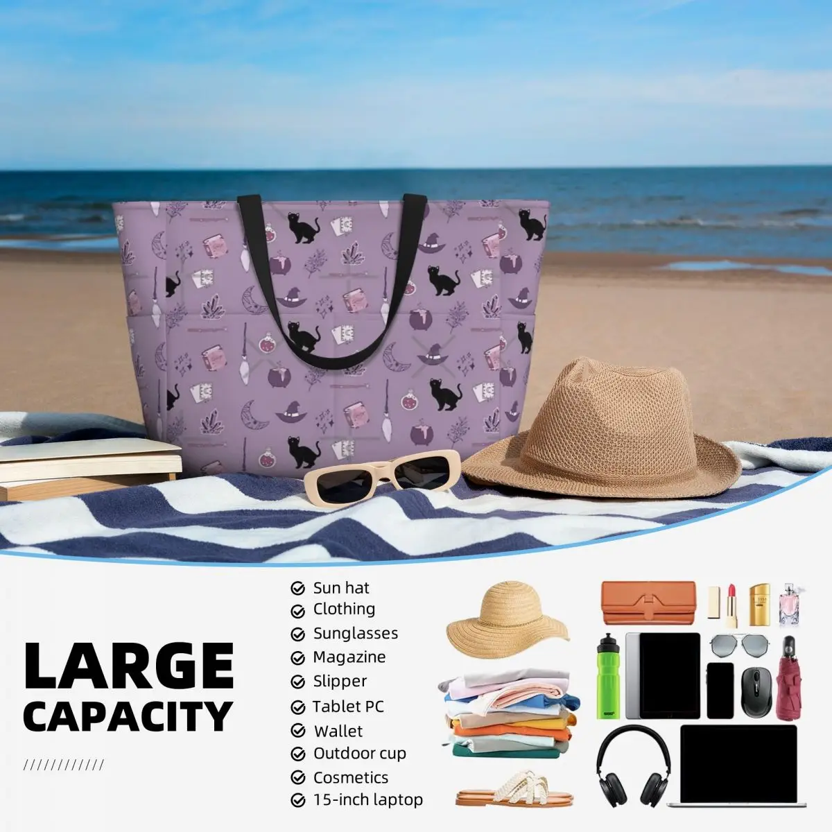 Bolso de viaje de playa de paquete de bruja púrpura, bolso de mano Retro, bolso de hombro práctico, patrón de múltiples estilos