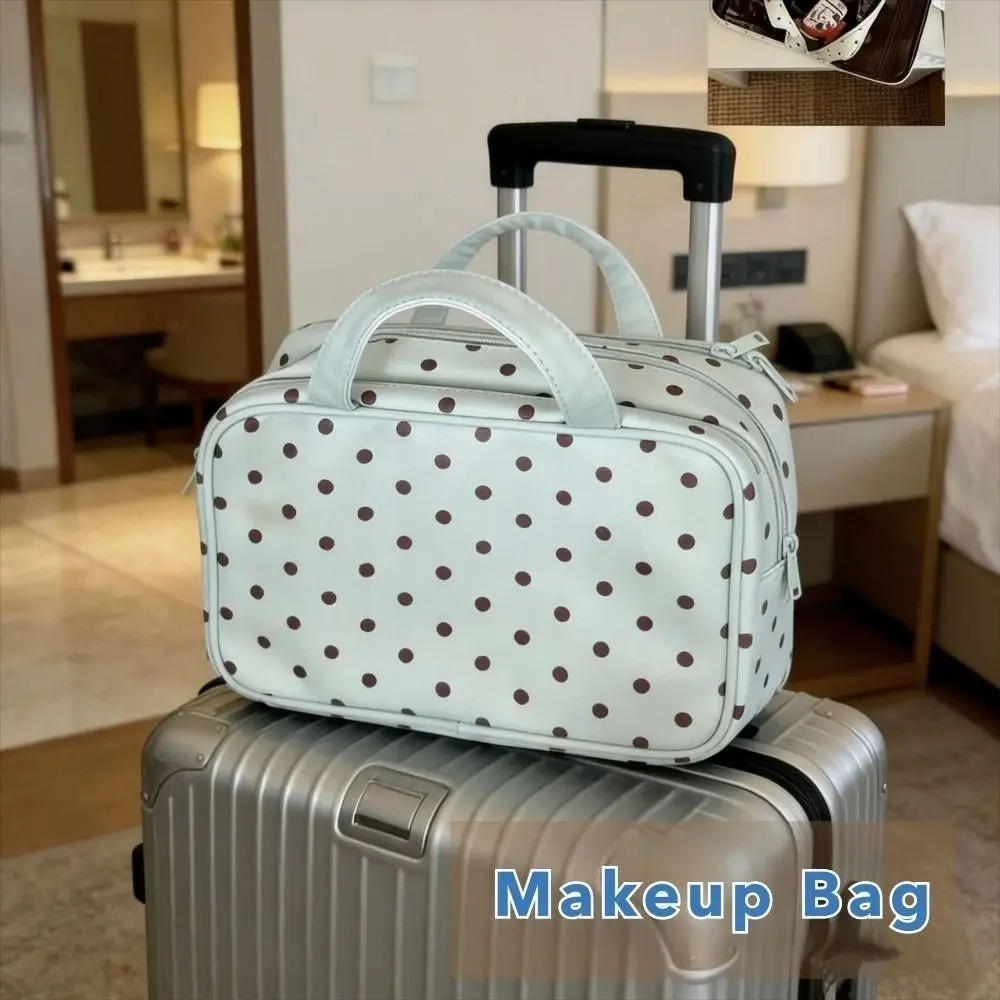 Portable Polka Dot Makeup Bag PU Large Capacity Cosmetic Bag with Handle Three-layered Travel Toiletry Bag