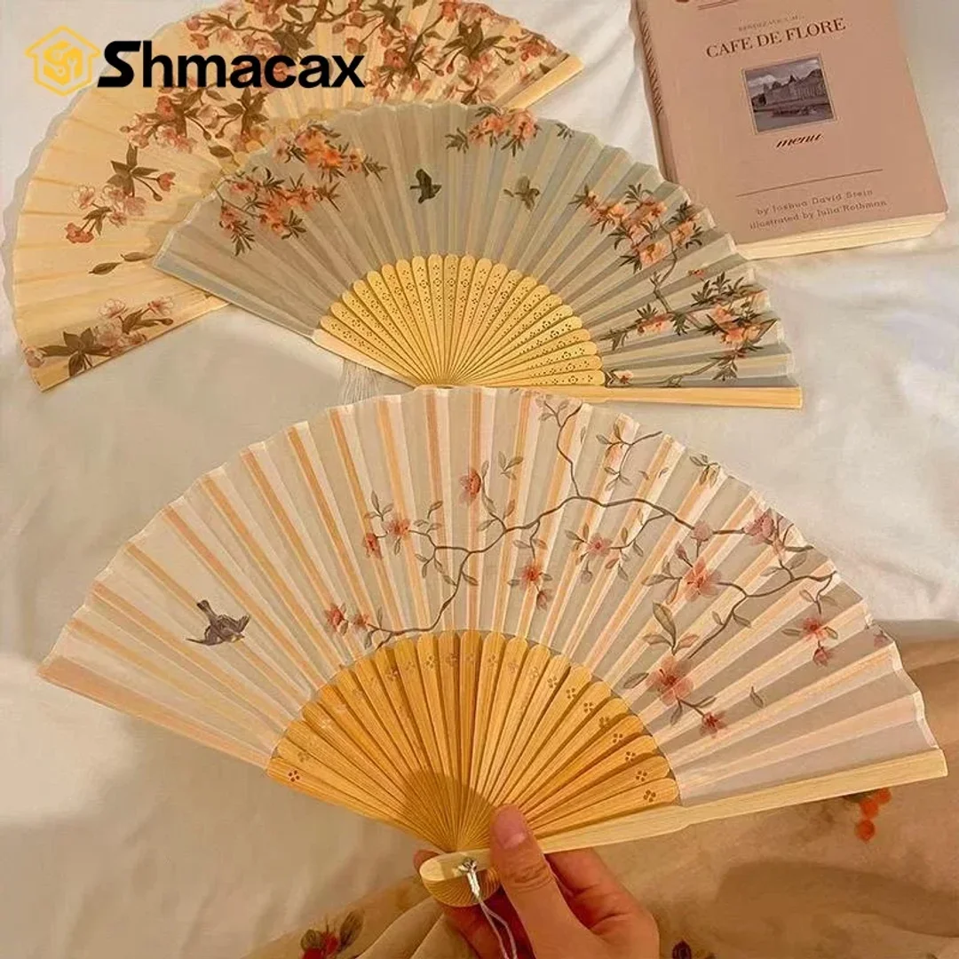 Portable Hand Fold Fan New Chinese Style Dance Props Retro Shell Fan Woman Men Bamboo Wood Silk Flower Folding Fan