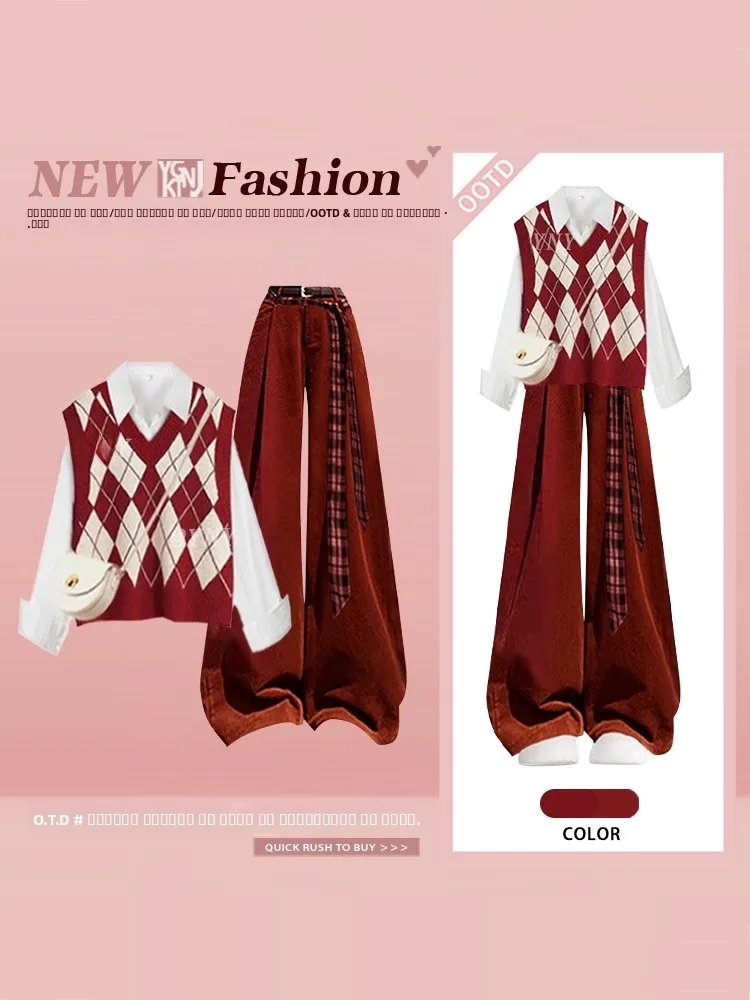 

Комплект: вязаный жилет в стиле ретро и брюки-палаццо, женский, красный, праздничный, с ромбовидным узором, повседневный, из двух предметов...