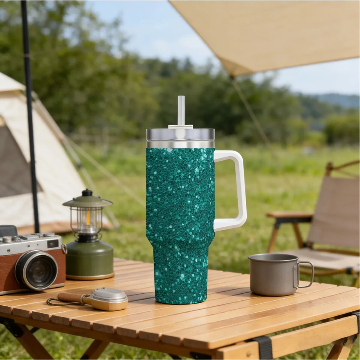 40oz Teal Glitter Texture Large Travel Mug with Handle Insulated Stainless Steel Tumbler