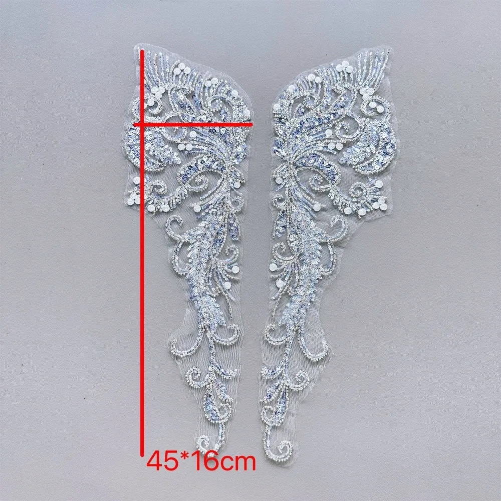 1Pair Beaded Sequined Lace Embroidery Cloth Sticker Wedding Dress Clothing Sewing Applique Flower Handmade Flower Patch DIY