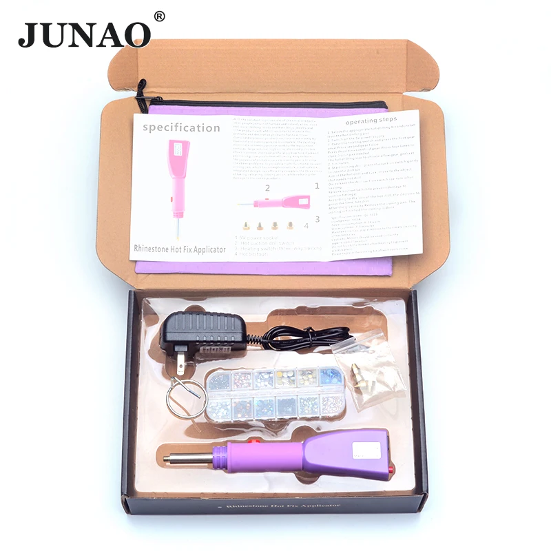 JUNAO Fast Heated Hotfix Rhinestone Set Pink Style Hot Fix Applicator Crystal Glass Iron-on Wand Heat-fix Tool Gun Garment Shoes