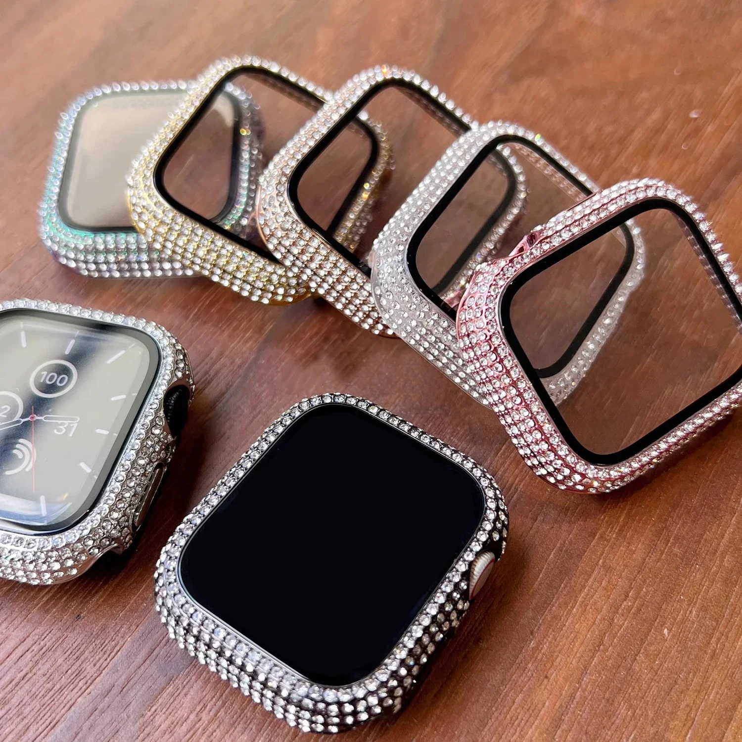 1pc Rhinestone Decor Tempered Glass Screen Protector Watch Case For Apple Watch 38/40/41/42/44/45Mm,Series SE/9/8/7/6/5/4/3/2/1