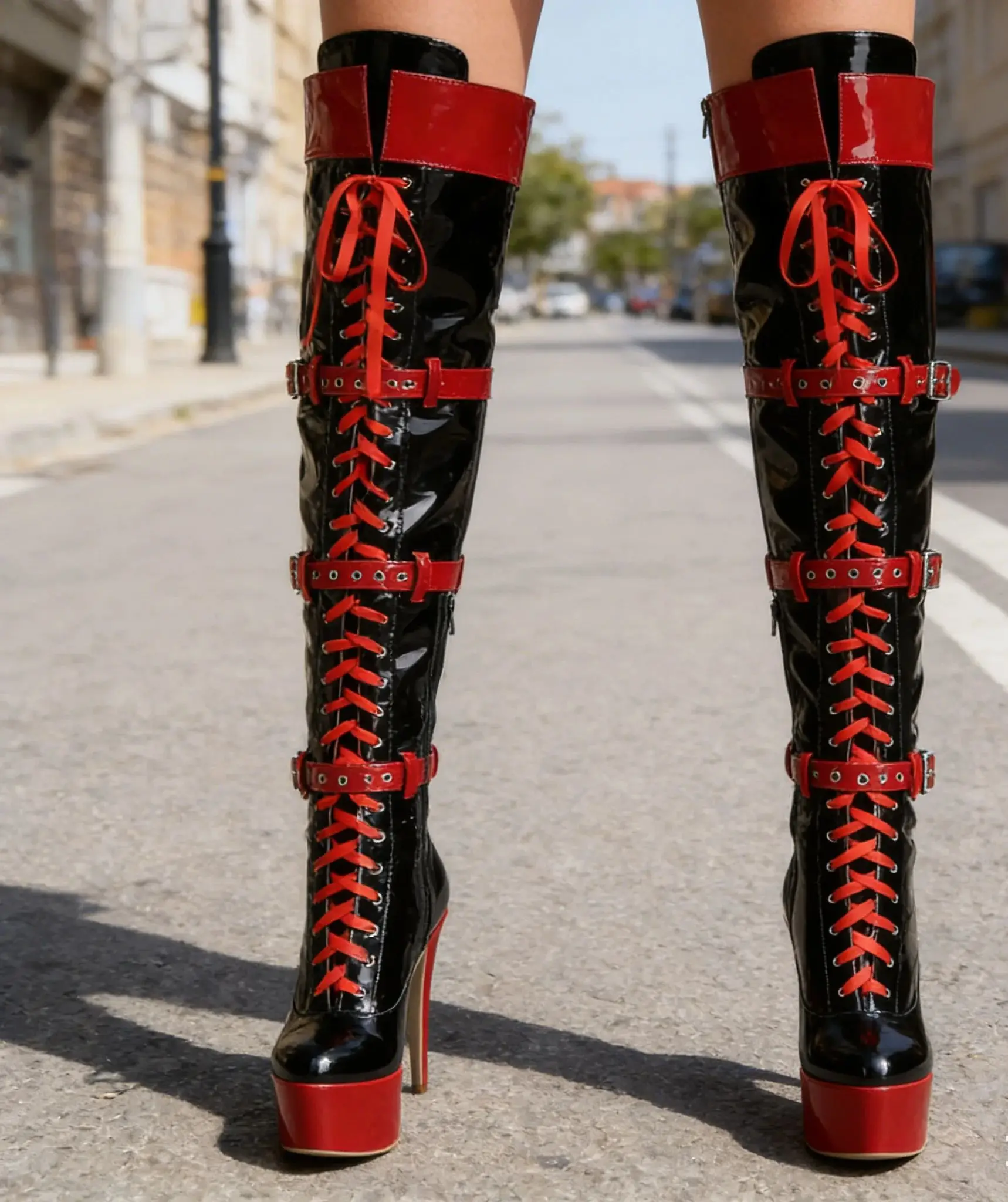 Black Red Patent Leather Over The Knee High Heel Boots Lace Up Stiletto Platform Party Club Pole Dance Shoes view 6