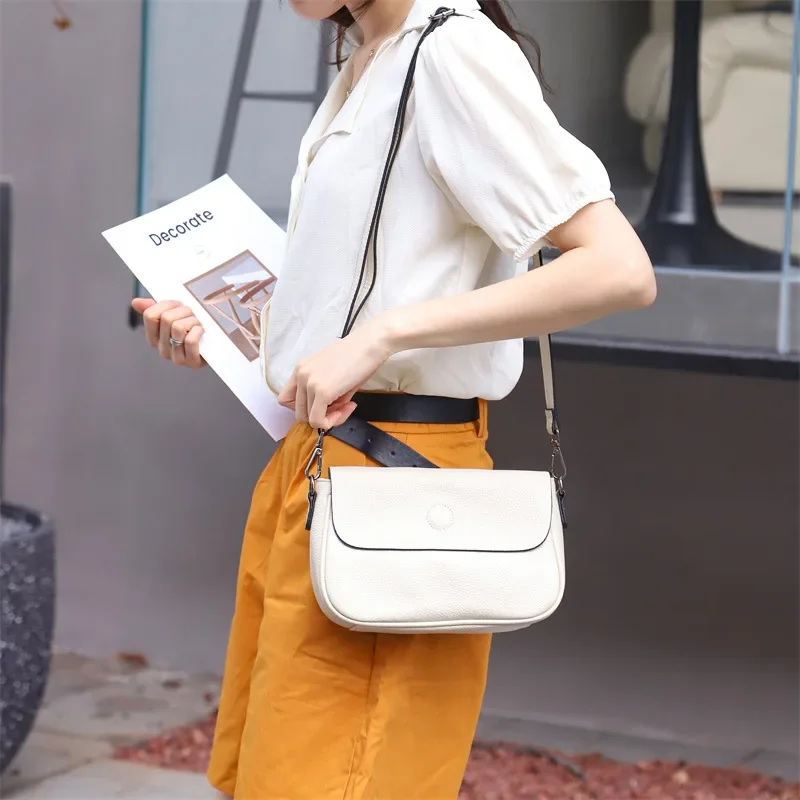 2 Straps Genuine Leather Women's Bag, Classic Handbag Ladies' Versatile Simple Shoulder Bag, Soft and Lightweight Crossbody Bag