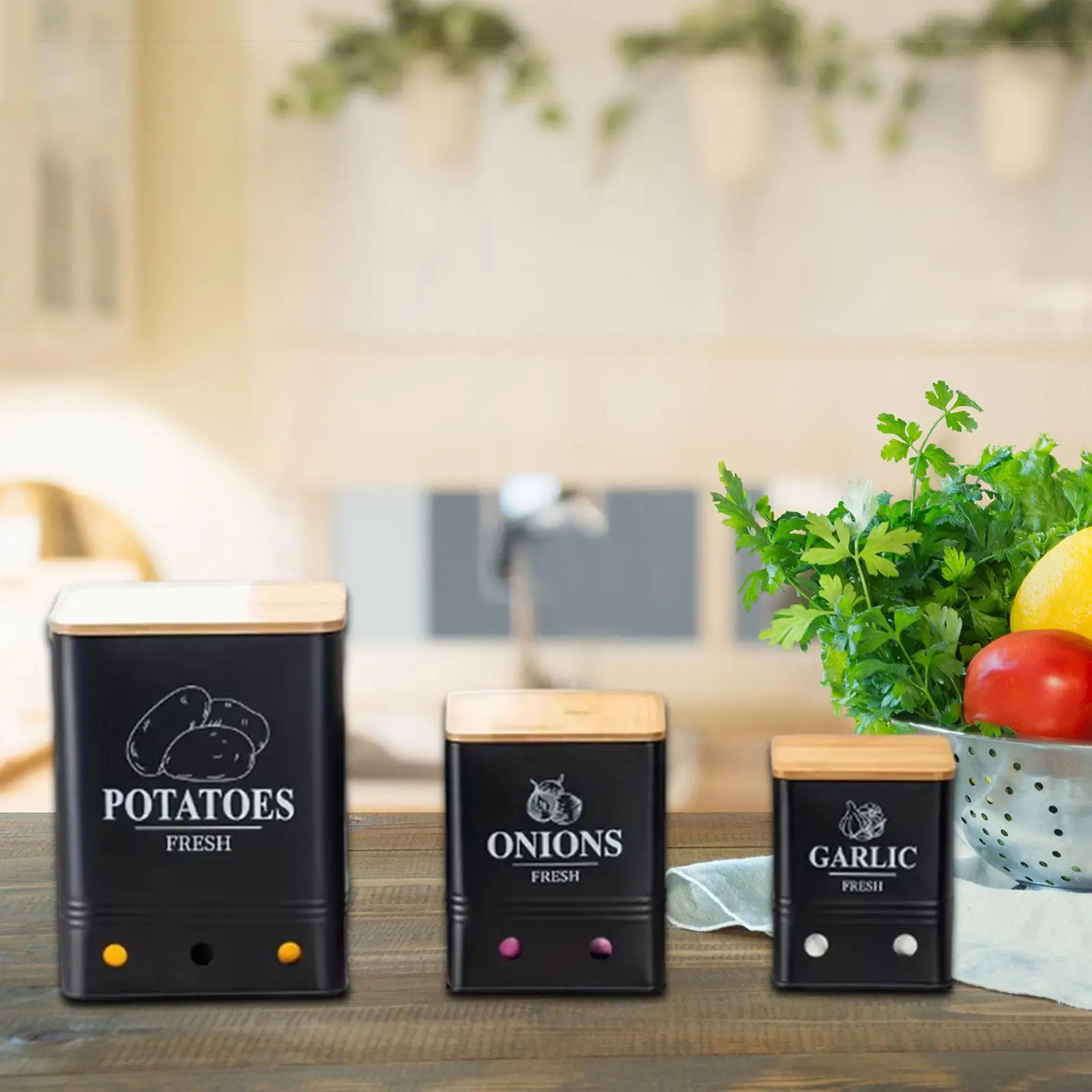 3-teiliges Aufbewahrungsbehälter-Set für Kartoffeln, Zwiebeln und Knoblauch mit Belüftungslöchern, tragbar, robust, langlebig, Gemüse-Aufbewahrungsdosen