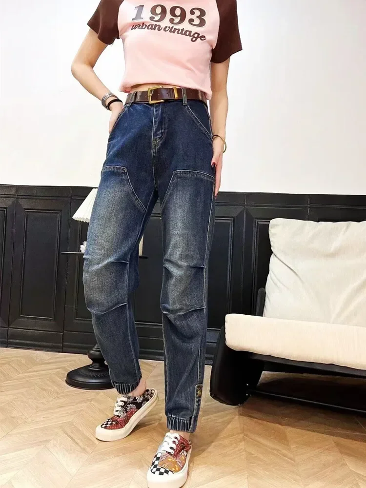 2025 primavera otoño moda coreana Harem Jeans mujeres de cintura alta suelta ser todo-fósforo pantalones vaqueros rectos pantalones vaqueros femeninos