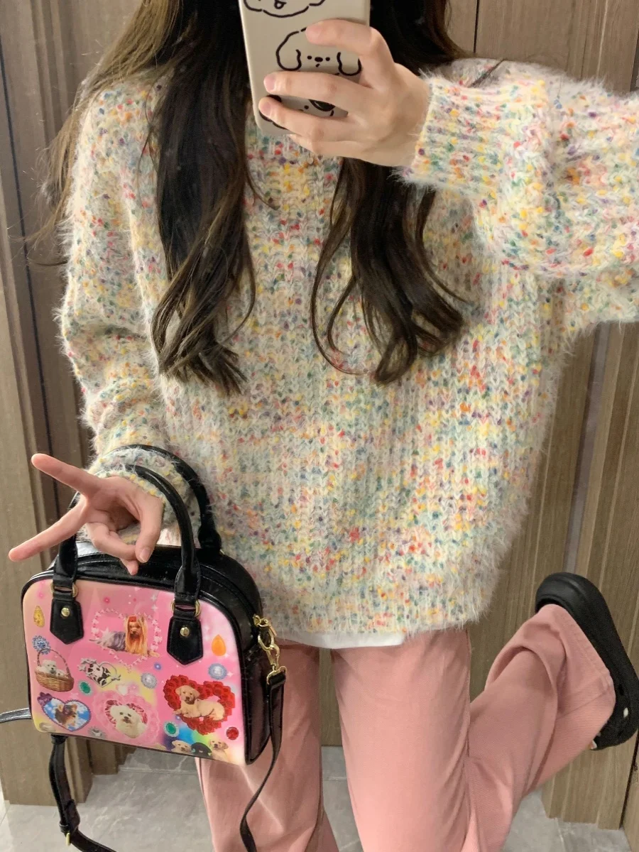 

Свободный женский вязаный свитер Starry Pastel Pink в Корейском стиле Lazy Faion, осень-зима, Новое поступление, милый костюм для колледжа